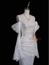 White Mermaid Sequins Long Sleeve Pleats Wedding Dress