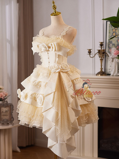 Champagne Satin Tulle Flower Wedding Dress