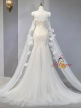 White Mermaid Tulle Pleats Pearls Wedding Dress