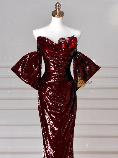 Burgundy Mermaid Pleats Strapless Prom Dress