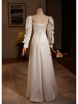 White Satin Long Sleeve Pearls Pleats Wedding Dress