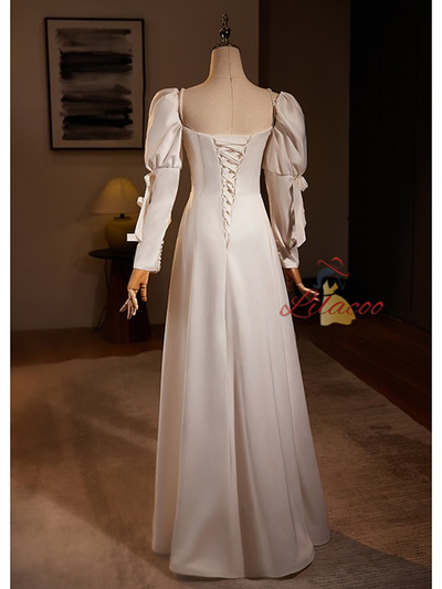 White Satin Long Sleeve Pearls Pleats Wedding Dress
