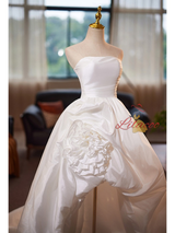 White Strapless Satin Hi Lo Wedding Dress