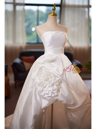 White Strapless Satin Hi Lo Wedding Dress