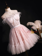 Pink Tulle Lace Feather Strapless Homecoming Dress