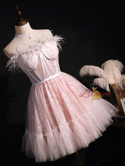 Pink Tulle Lace Feather Strapless Homecoming Dress