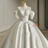 White Satin Off the Shoulder Pleats Crystal Wedding Dress