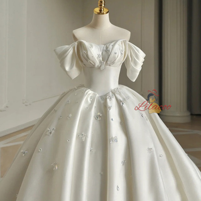White Satin Off the Shoulder Pleats Crystal Wedding Dress