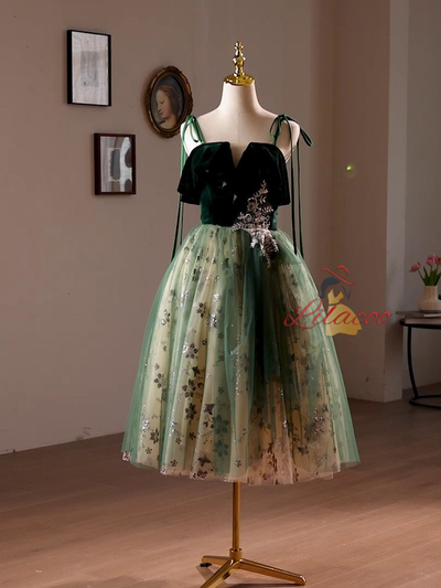 Green Tulle Sequins Straps Homecoming Dress