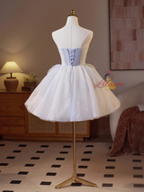 Light Blue Tulle Strapless Pearls Homecoming Dress