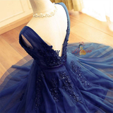 Navy Blue Tulle V-neck Appliques Homecoming Dress