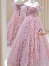 Pink Purple Tulle Off the Shoulder Prom Dress