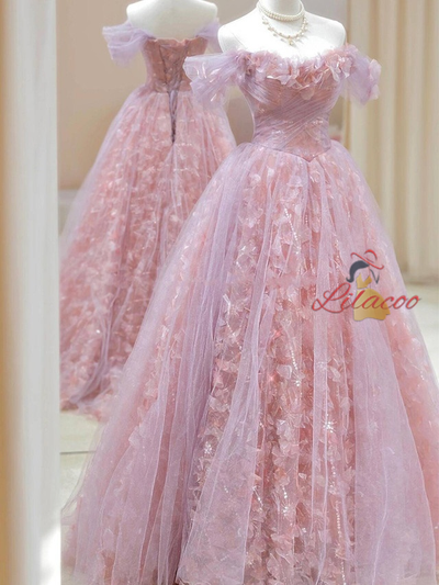 Pink Purple Tulle Off the Shoulder Prom Dress