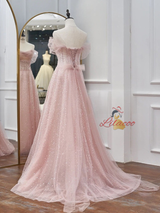 Pink Tulle Sequins Straps Beading Prom Dress