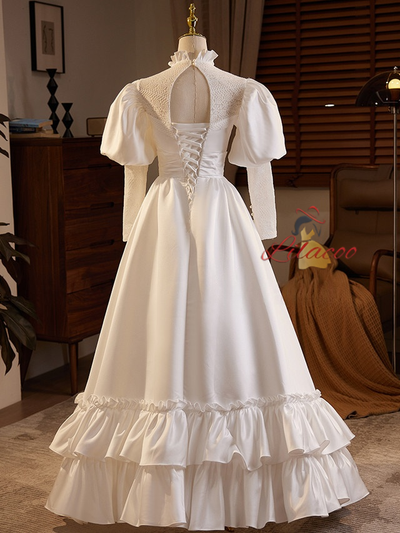 White Satin High Neck Long Sleeve Wedding Dress