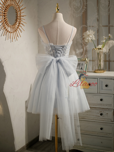 Gray Tulle Straps Sequins Beading Homecoming Dress