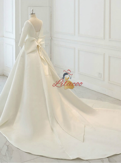 White Satin Short Sleeve Bow Wedding Dress