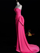 Fuchsia Mermaid Satin Strapless Pleats Prom Dress