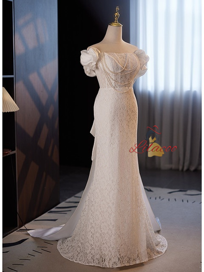 White Mermaid Lace Satin Pearls Wedding Dress