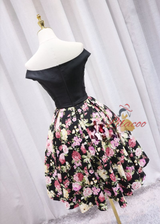 A-Line Black Satin Print Homecoming Dress