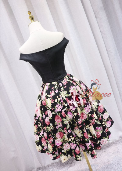 A-Line Black Satin Print Homecoming Dress