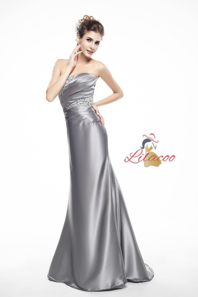 Silver Satin Mermaid Pleats Mother Of The Bride Dress
