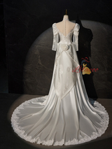 Vintage White Satin Long Sleeve Wedding Dress