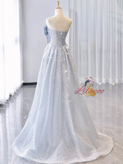 Tulle Sequins Off the Shoulder Bow Prom Dress