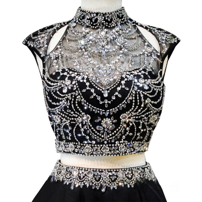Black High Neck Beaded Crystals Chiffon Homecoming Dress
