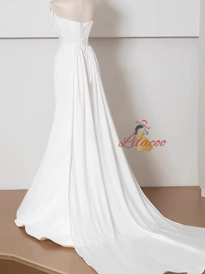 White Mermaid Pleats Pearls Wedding Dress
