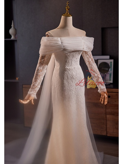 White Mermaid Lace Tulle Pleats Wedding Dress