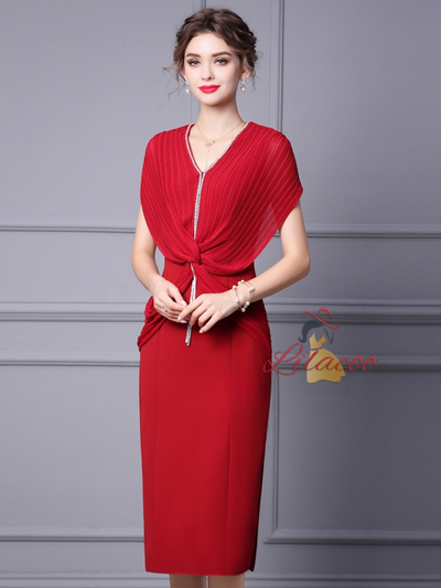 Burgundy Chiffon Pleats Mother Of The Bride Dress