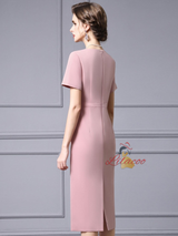 Pink Short Sleeve V-neck Mother Of The Bride Dress