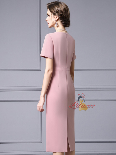 Pink Short Sleeve V-neck Mother Of The Bride Dress