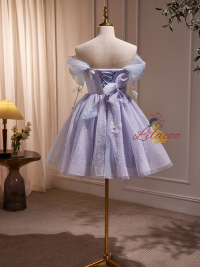 Purple Tulle Sequins Off the Shoulder Homecoming Dress