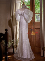 White Mermaid Sequins Spaghetti Straps Wedding Dress