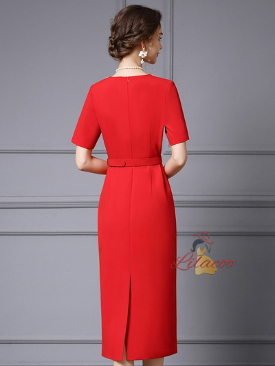 Red V-neck Short Sleeve Mother Of The Bride Dress