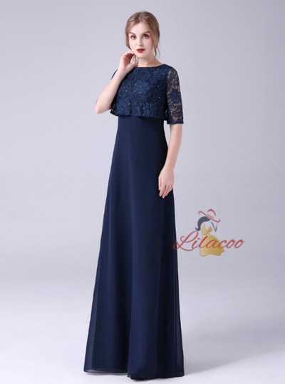 Navy Blue Chiffon Lace Mother Of The Bride Dress