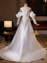 White Satin Long Sleeve Pleats Wedding Dress