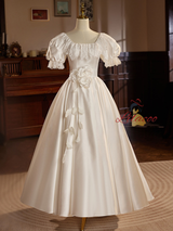 Vintage Satin Lace Puff Sleeve Wedding Dress