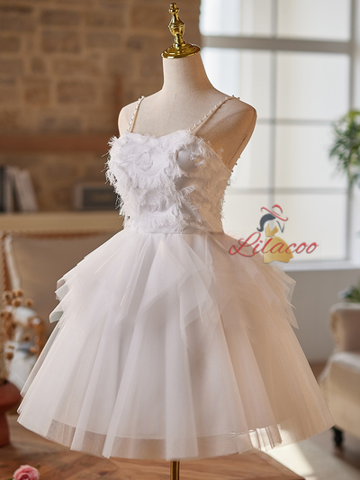 White Tulle Spaghetti Straps Pearls Dress