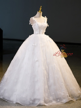 White Ball Gown Tulle Flower Wedding Dress