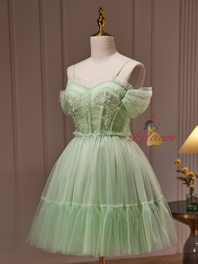 Green Tulle Appliques Beading Homecoming Dress