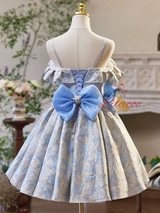 Blue Spaghetti Straps Bow Homecoming Dress