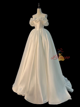 White Satin 3D Flower Pearls Wedding Dress
