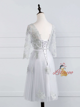 Gray Tulle Appliques Short Sleeve Homecoming Dress