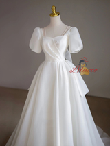 White Tulle Puff Sleeve Pleats Wedding Dress