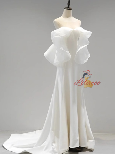 White Satin Off the Shoulder Wedding Dress