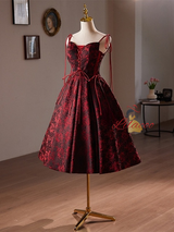 A-Line Burgundy Print Straps Homecoming Dress