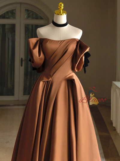Coffee Satin Off the Shoulder Pleats Prom Dress